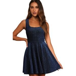Lulus Blue Metallic Skater Mini Dress NWOT M | Scoop Neck Party Fit & Flare